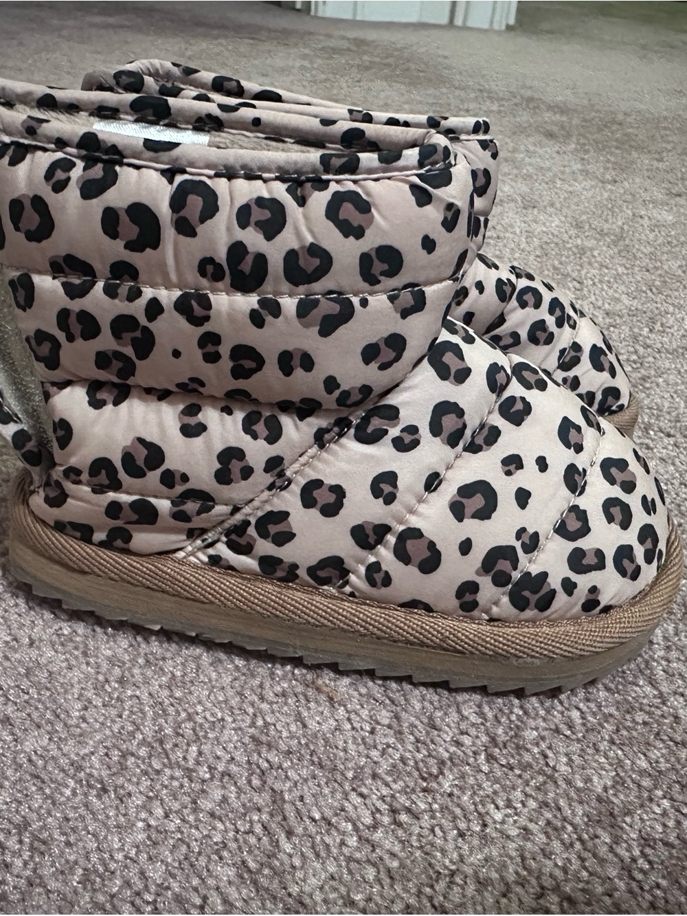Kids H&M Leopard Quilted Puffer Booties - Taupe Black